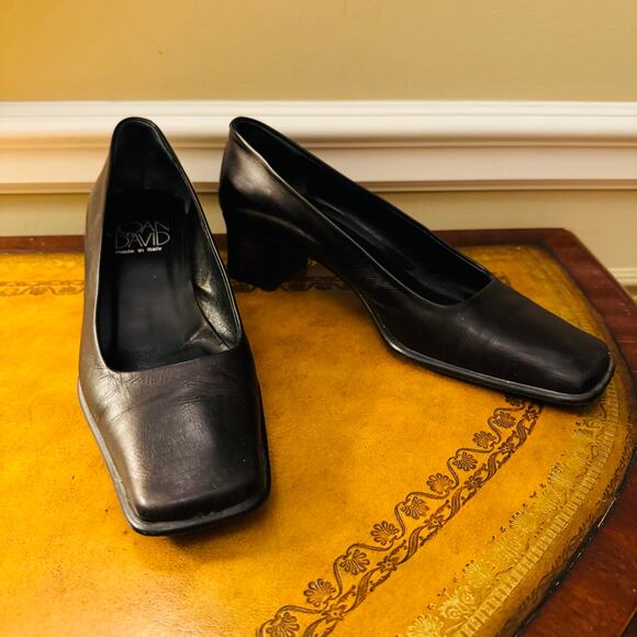 Joan & David Square Toe Block Heel Italian Black Leather Loafer Pumps Sz 8 Retro - Picture 1 of 9